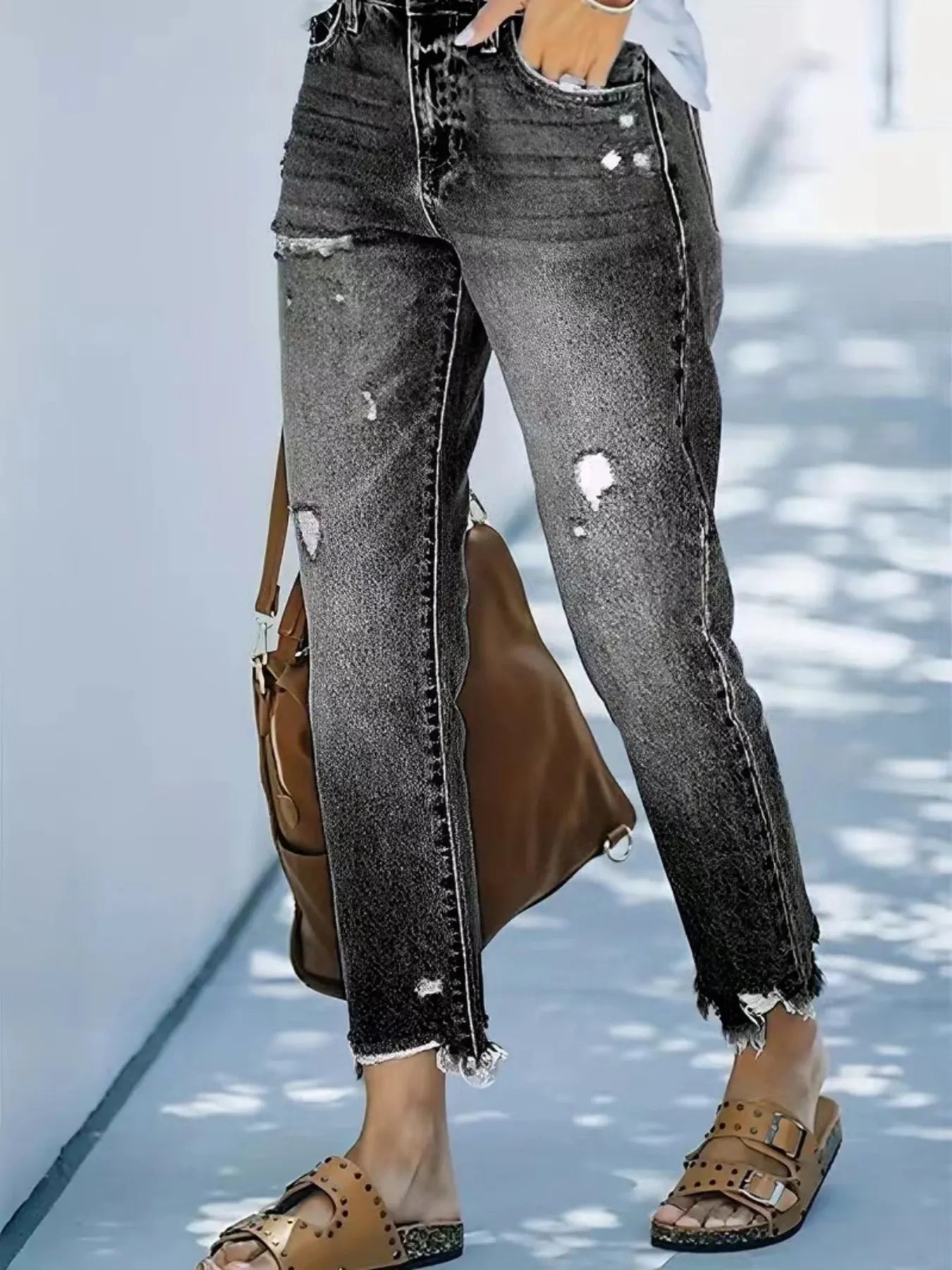Distressed Straight Leg Jeans - FLORENTINE IRIS
