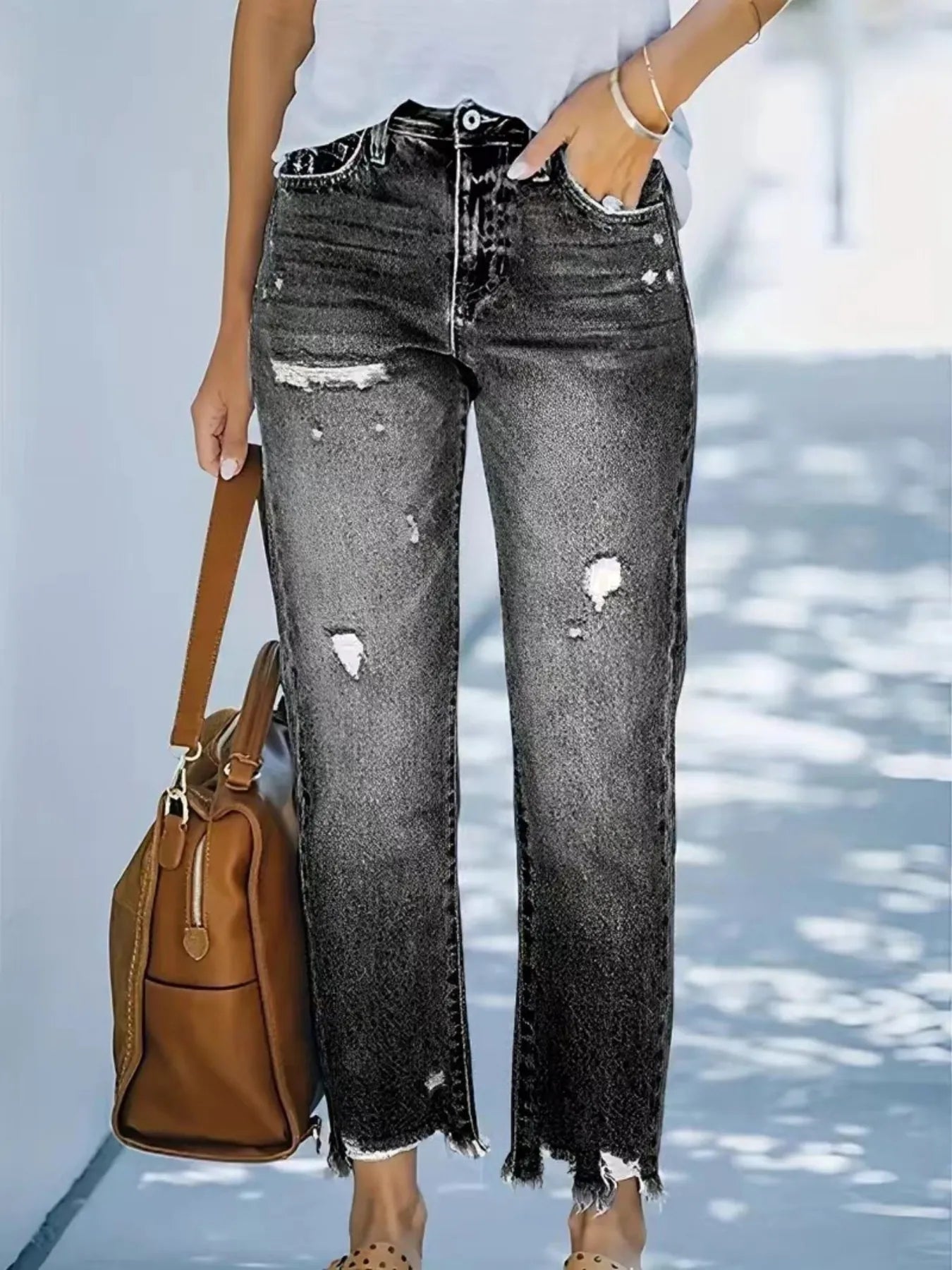 Distressed Straight Leg Jeans - FLORENTINE IRIS