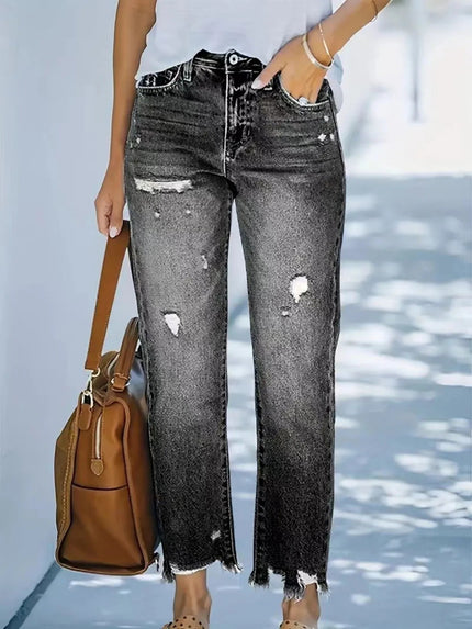 Distressed Straight Leg Jeans - FLORENTINE IRIS