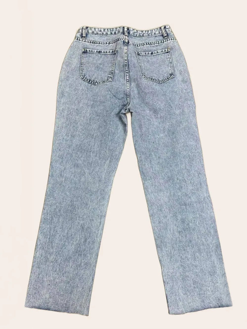 Distressed Straight Leg Jeans with Pockets - FLORENTINE IRIS