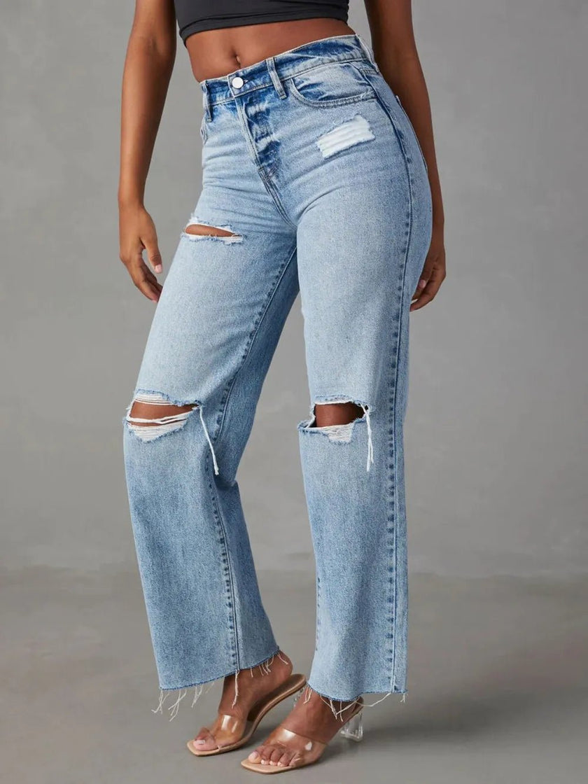 Distressed Straight Leg Jeans with Pockets - FLORENTINE IRIS
