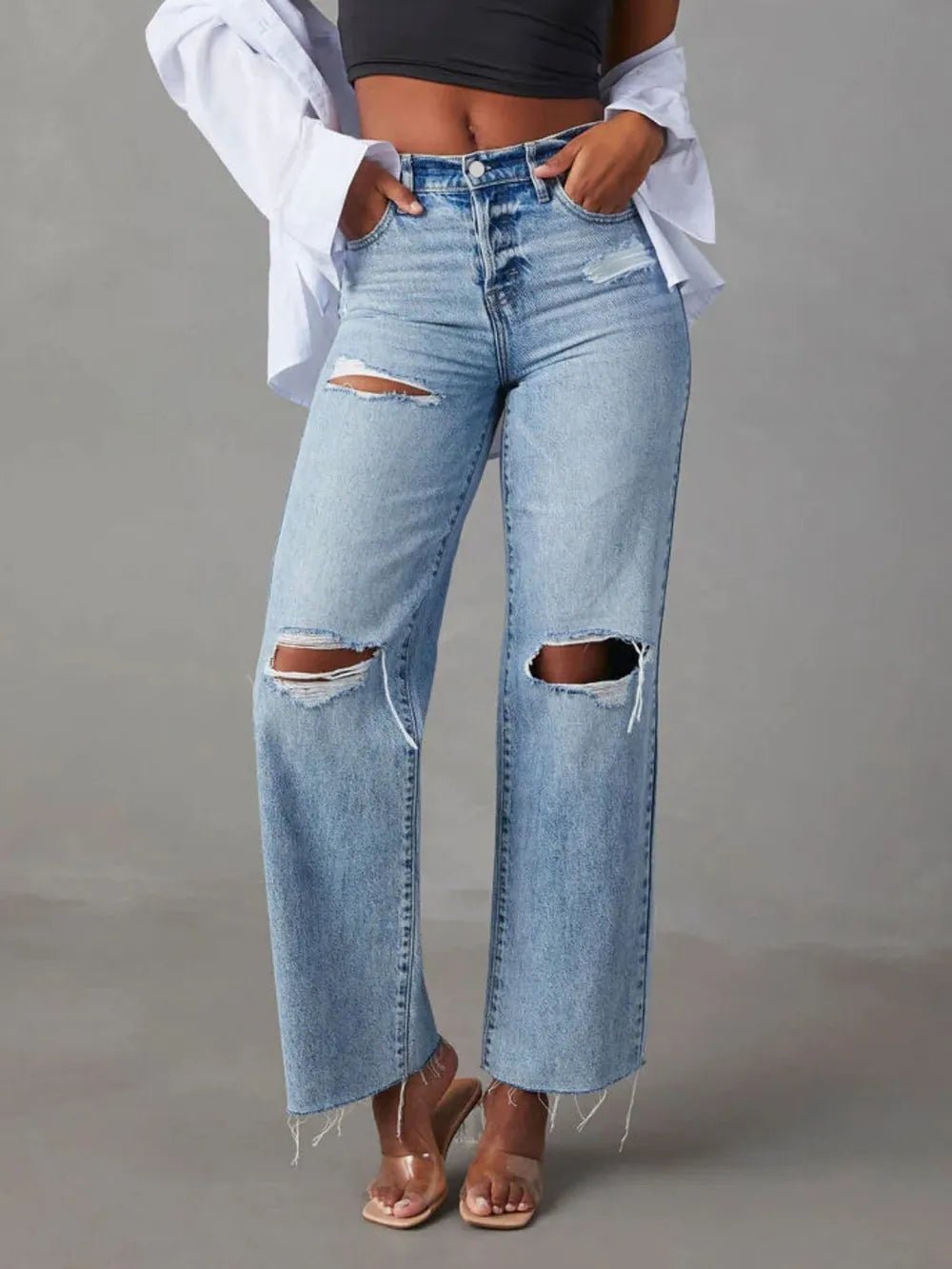 Distressed Straight Leg Jeans with Pockets - FLORENTINE IRIS