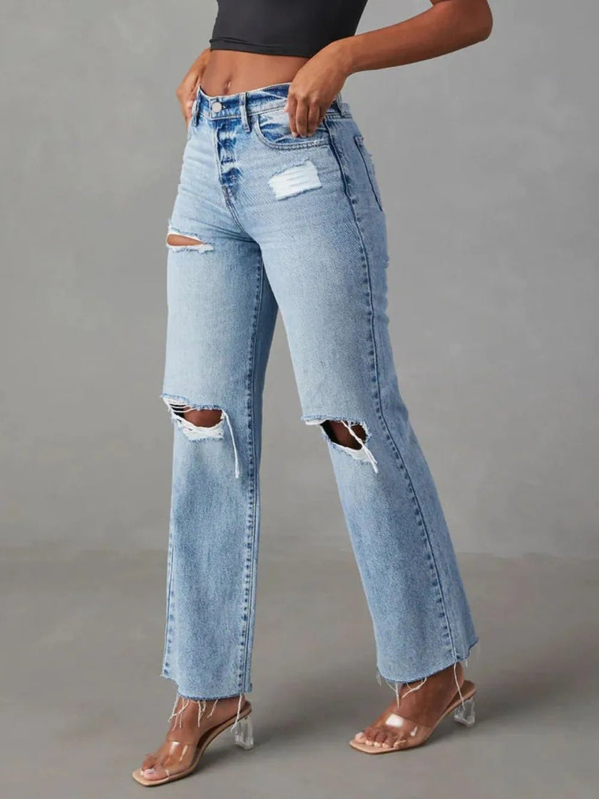 Distressed Straight Leg Jeans with Pockets - FLORENTINE IRIS