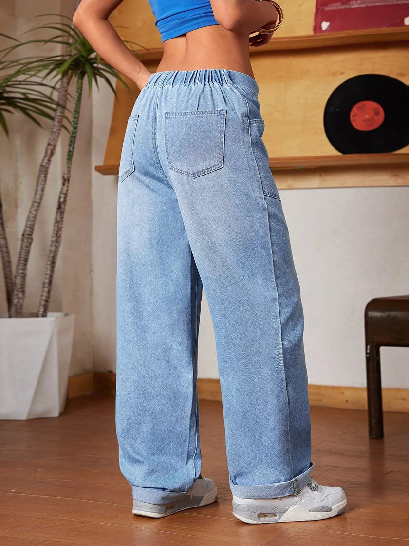 Drawstring Wide Leg Jeans - FLORENTINE IRIS