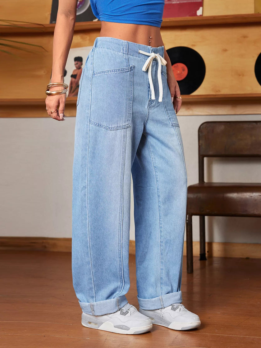Drawstring Wide Leg Jeans - FLORENTINE IRIS