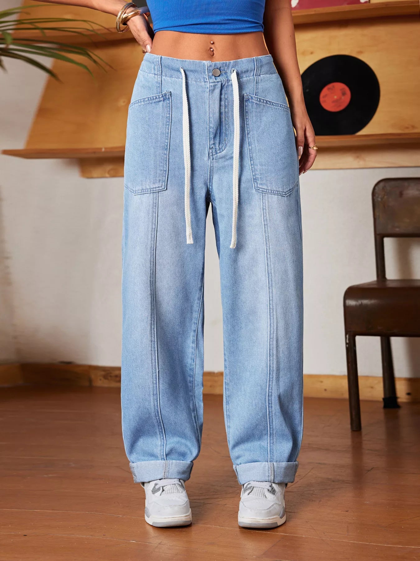 Drawstring Wide Leg Jeans - FLORENTINE IRIS