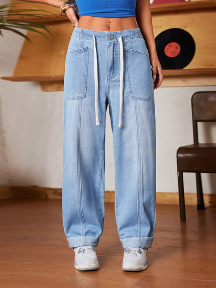 Drawstring Wide Leg Jeans - FLORENTINE IRIS
