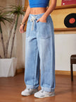 Drawstring Wide Leg Jeans - FLORENTINE IRIS