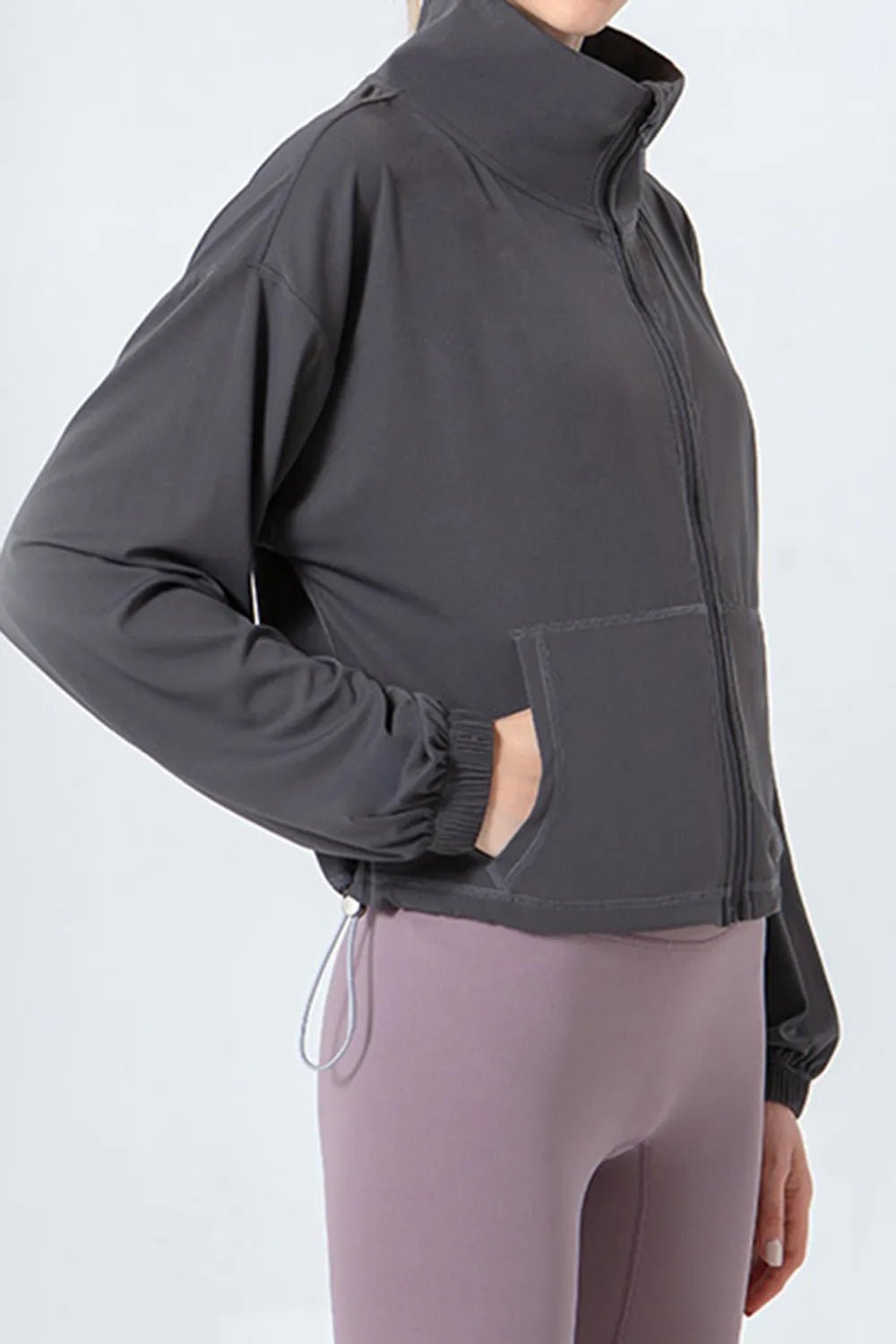 Drawstring Zip Up Dropped Shoulder Active Outerwear - FLORENTINE IRIS