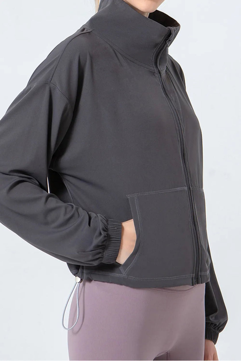 Drawstring Zip Up Dropped Shoulder Active Outerwear - FLORENTINE IRIS