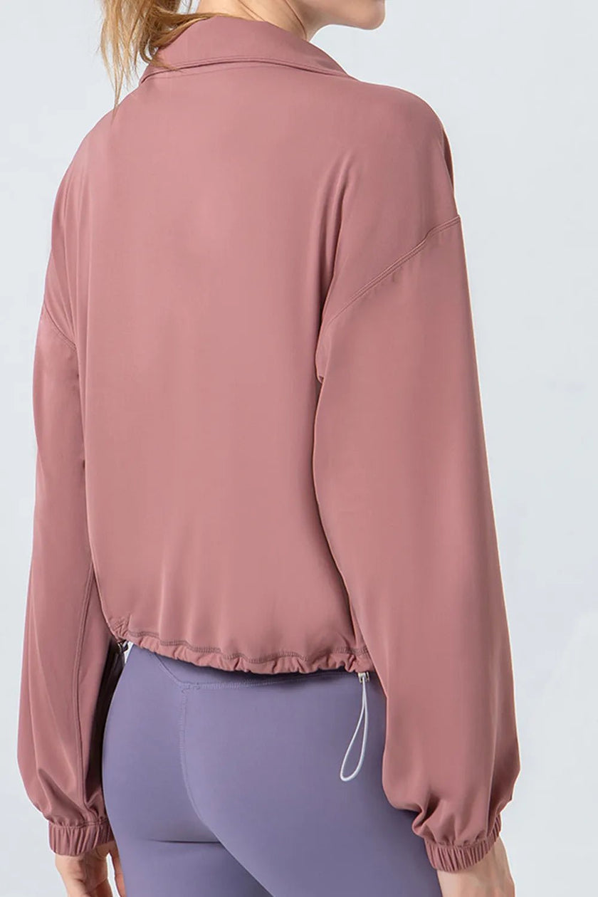 Drawstring Zip Up Dropped Shoulder Active Outerwear - FLORENTINE IRIS