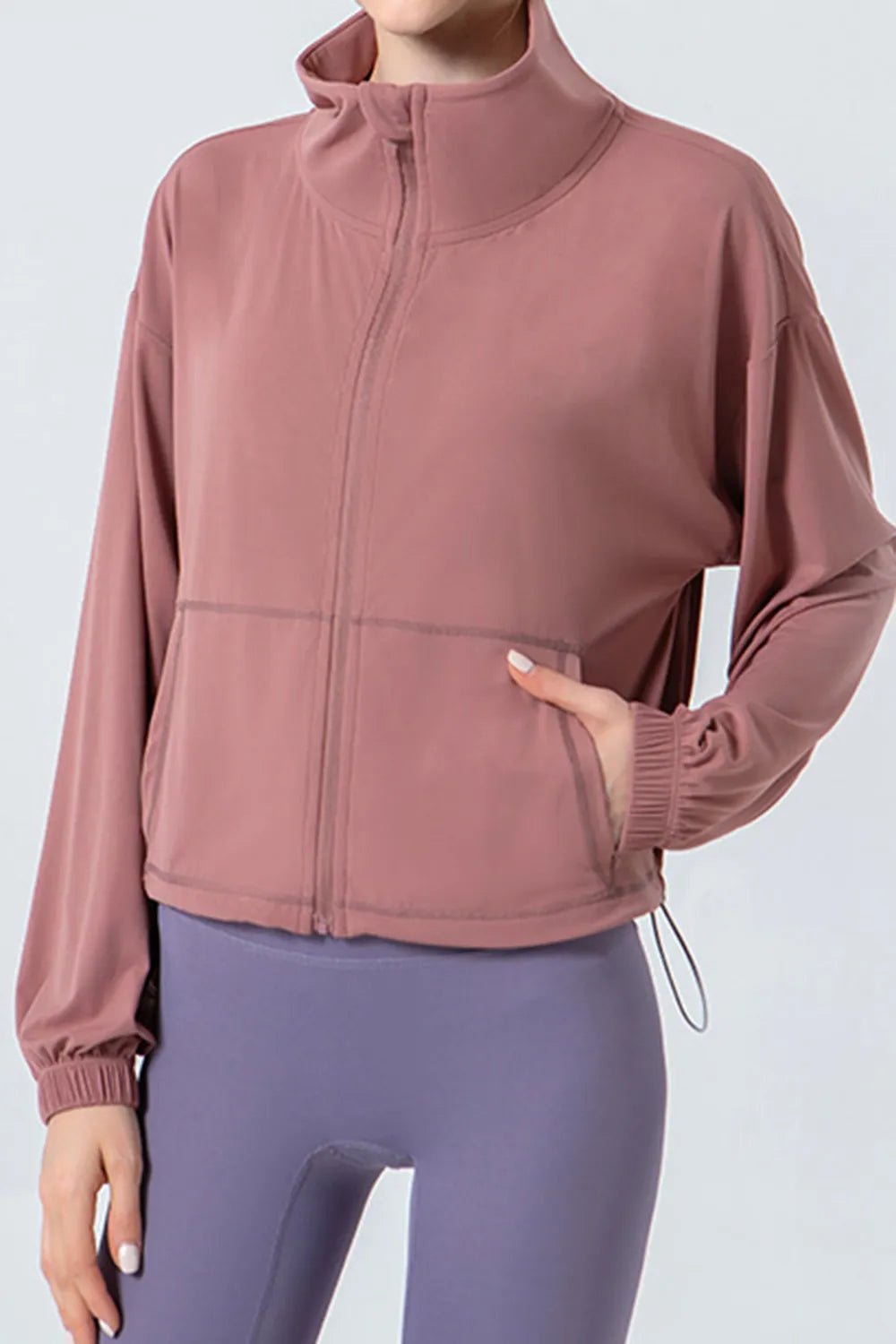Drawstring Zip Up Dropped Shoulder Active Outerwear - FLORENTINE IRIS
