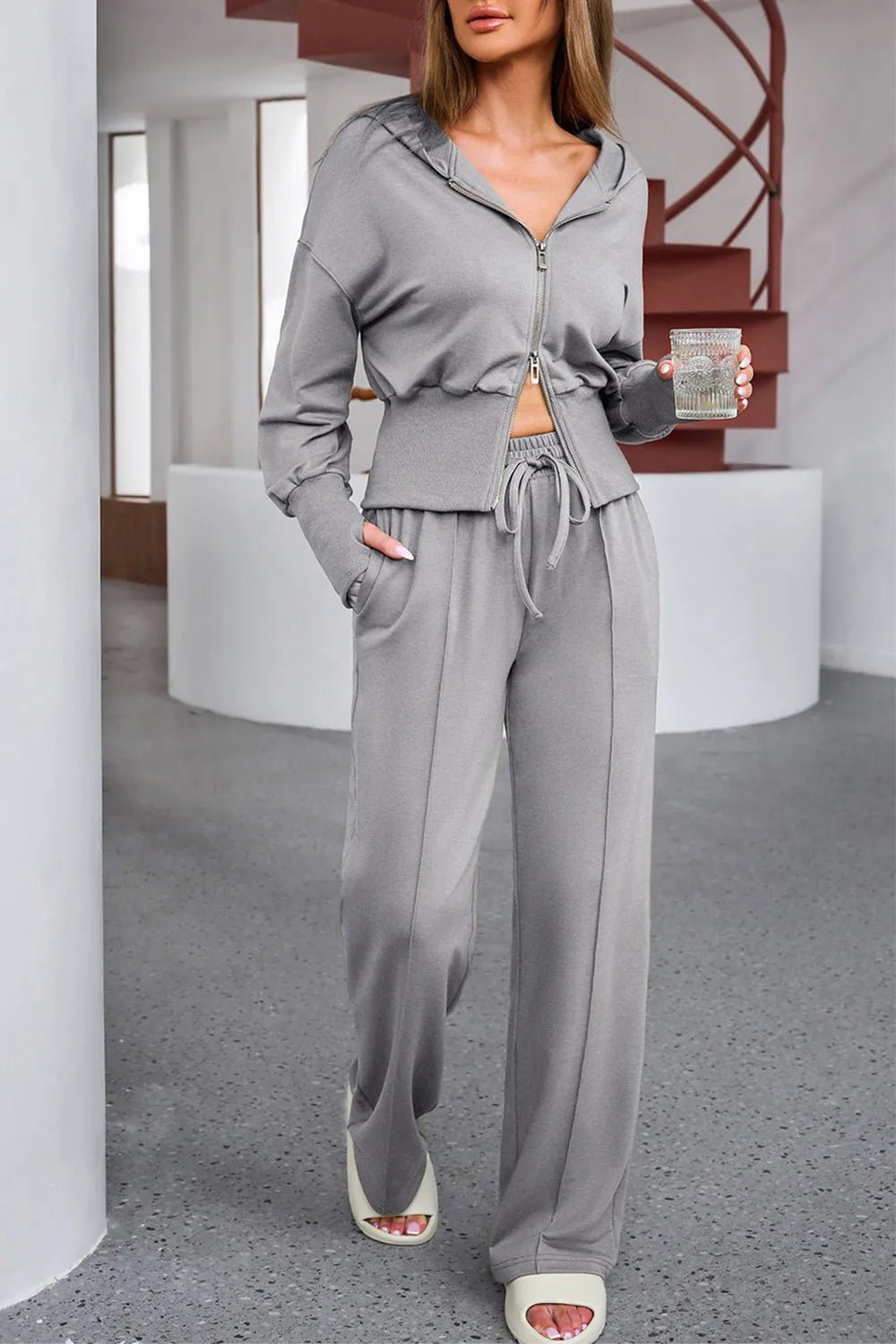 Dropped Shoulder Hoodie and Drawstring Pants Active Set - FLORENTINE IRIS