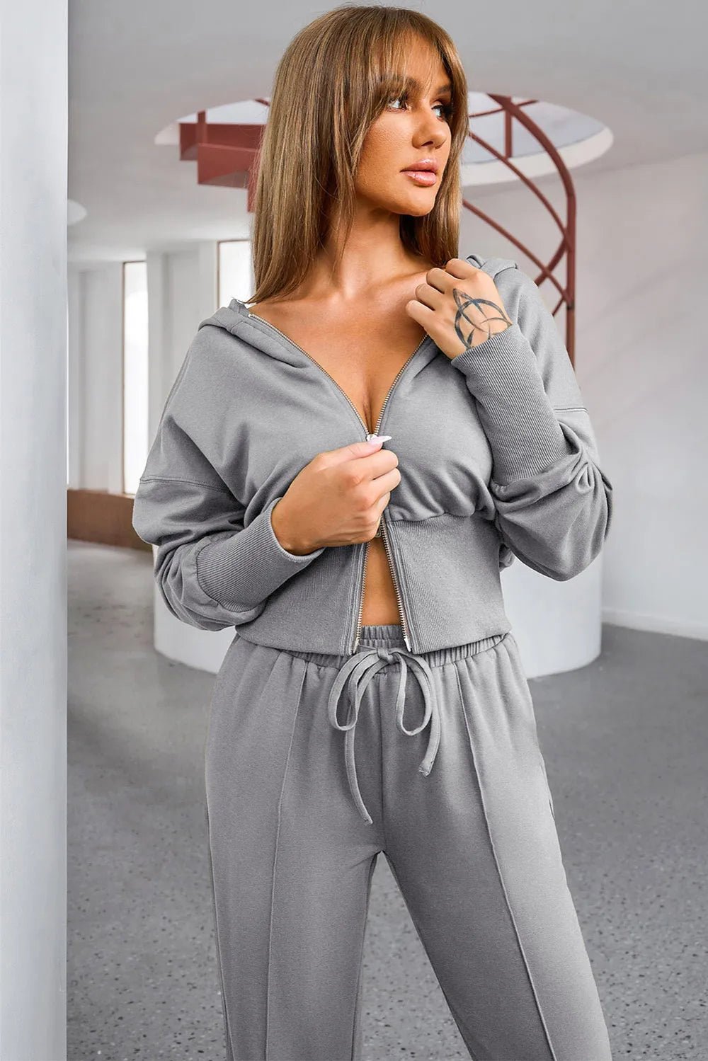 Dropped Shoulder Hoodie and Drawstring Pants Active Set - FLORENTINE IRIS