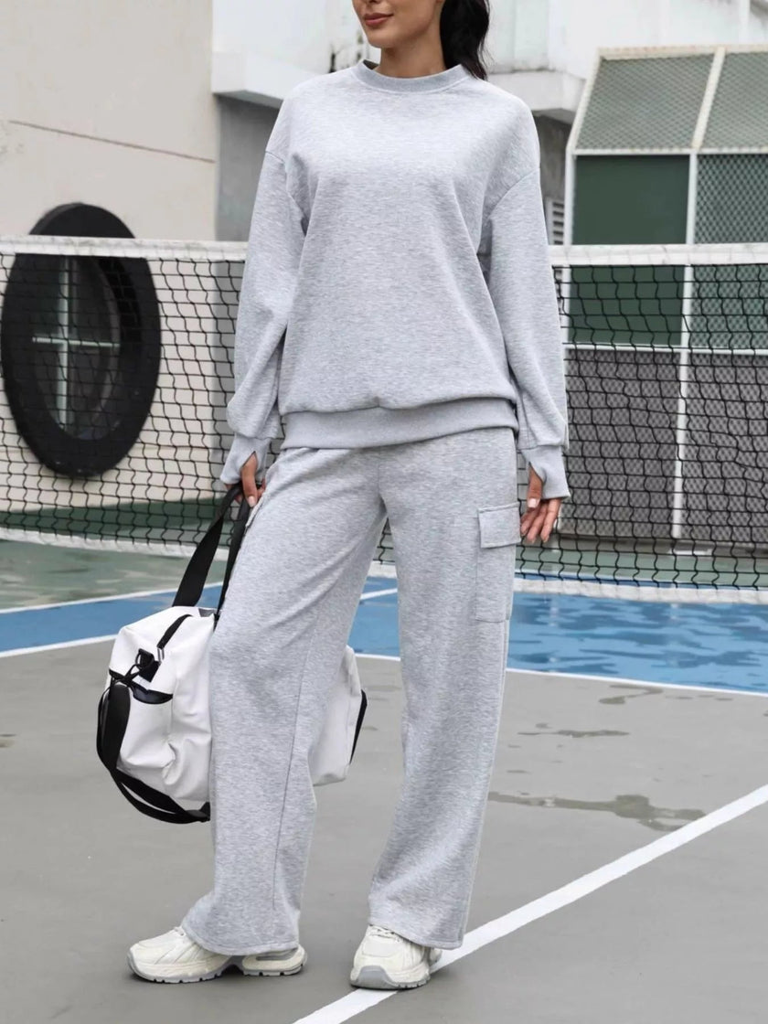 Dropped Shoulder Sweatshirt and Pants Set - FLORENTINE IRIS