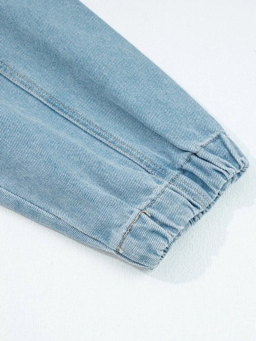 Elastic Edge Collared Zip Up Denim Jacket With Pocket - FLORENTINE IRIS