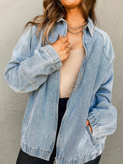 Elastic Edge Collared Zip Up Denim Jacket With Pocket - FLORENTINE IRIS