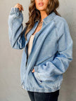 Elastic Edge Collared Zip Up Denim Jacket With Pocket - FLORENTINE IRIS