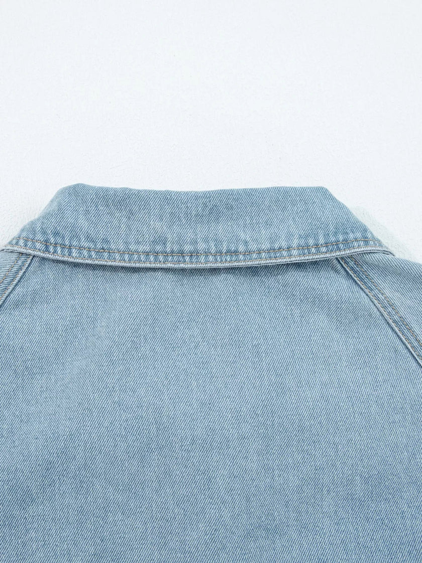 Elastic Edge Collared Zip Up Denim Jacket With Pocket - FLORENTINE IRIS