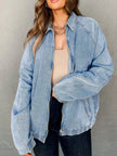 Elastic Edge Collared Zip Up Denim Jacket With Pocket - FLORENTINE IRIS