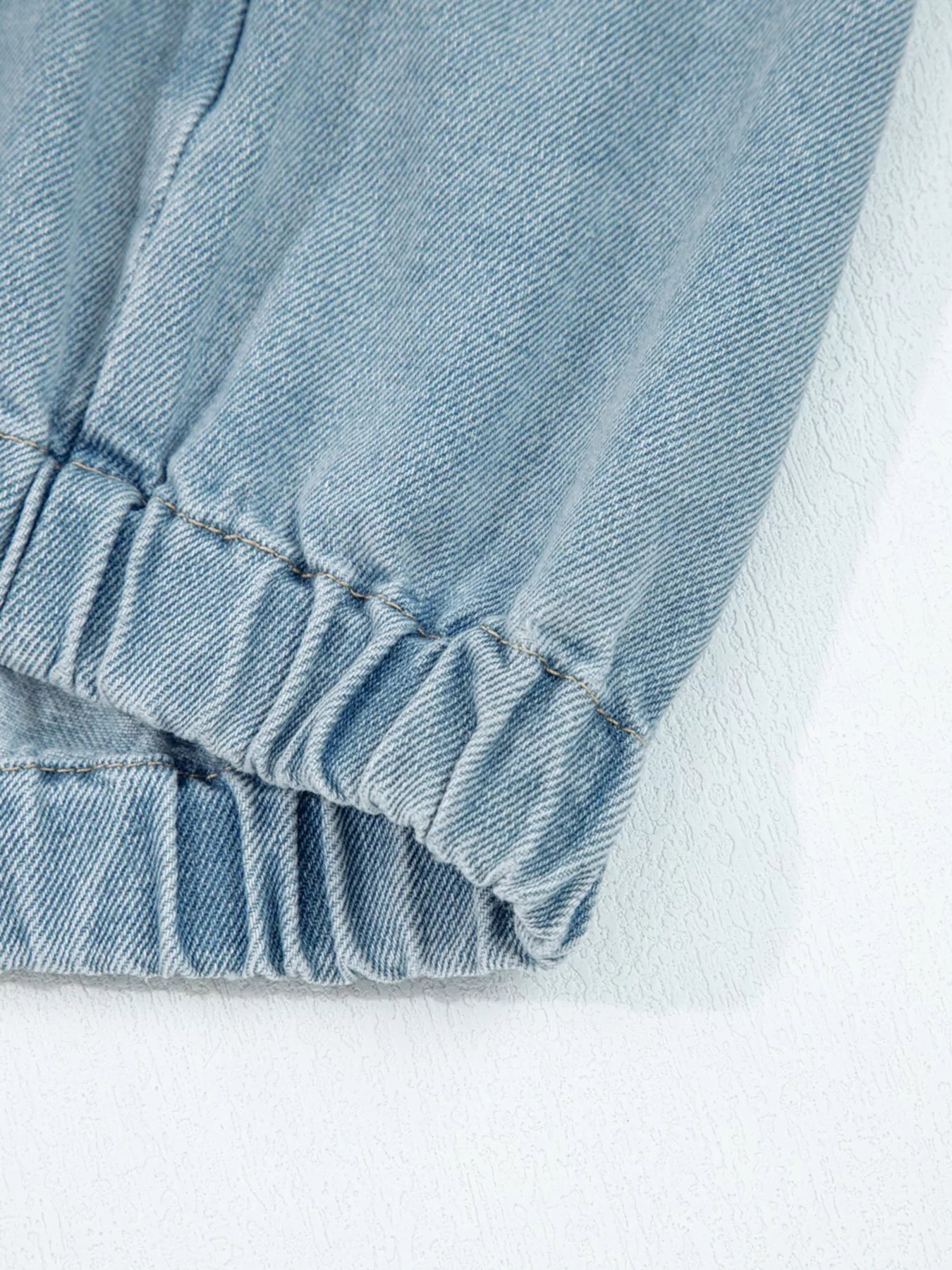 Elastic Edge Collared Zip Up Denim Jacket With Pocket - FLORENTINE IRIS