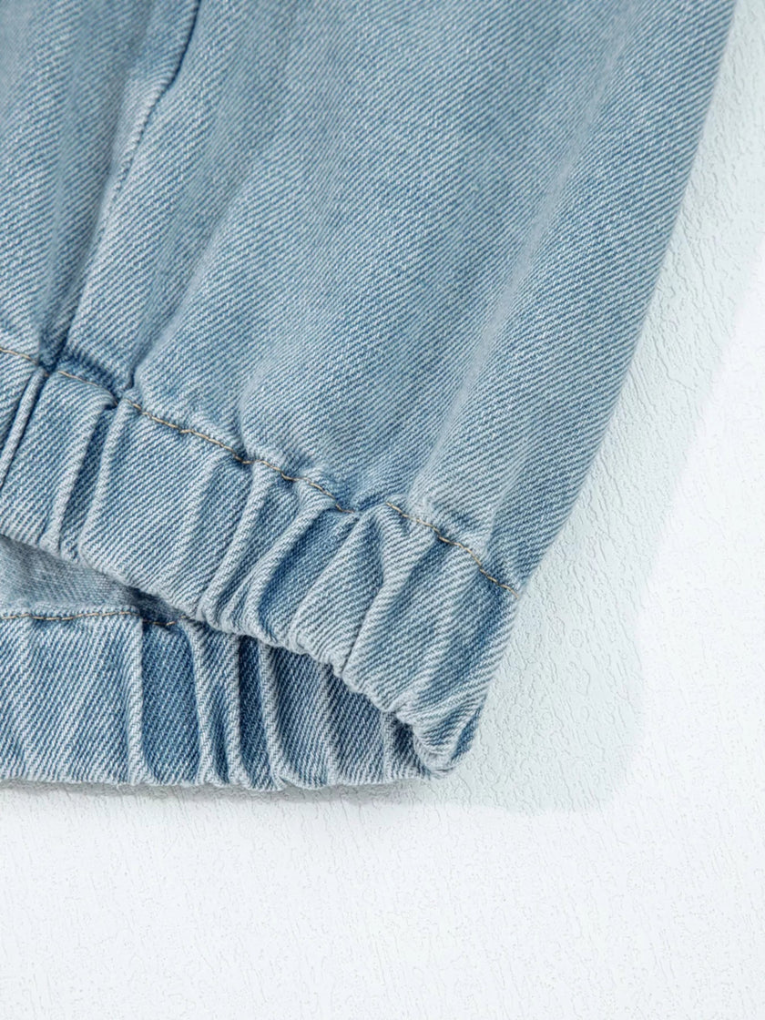 Elastic Edge Collared Zip Up Denim Jacket With Pocket - FLORENTINE IRIS