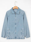 Elastic Edge Collared Zip Up Denim Jacket With Pocket - FLORENTINE IRIS