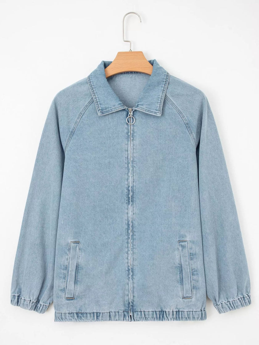 Elastic Edge Collared Zip Up Denim Jacket With Pocket - FLORENTINE IRIS