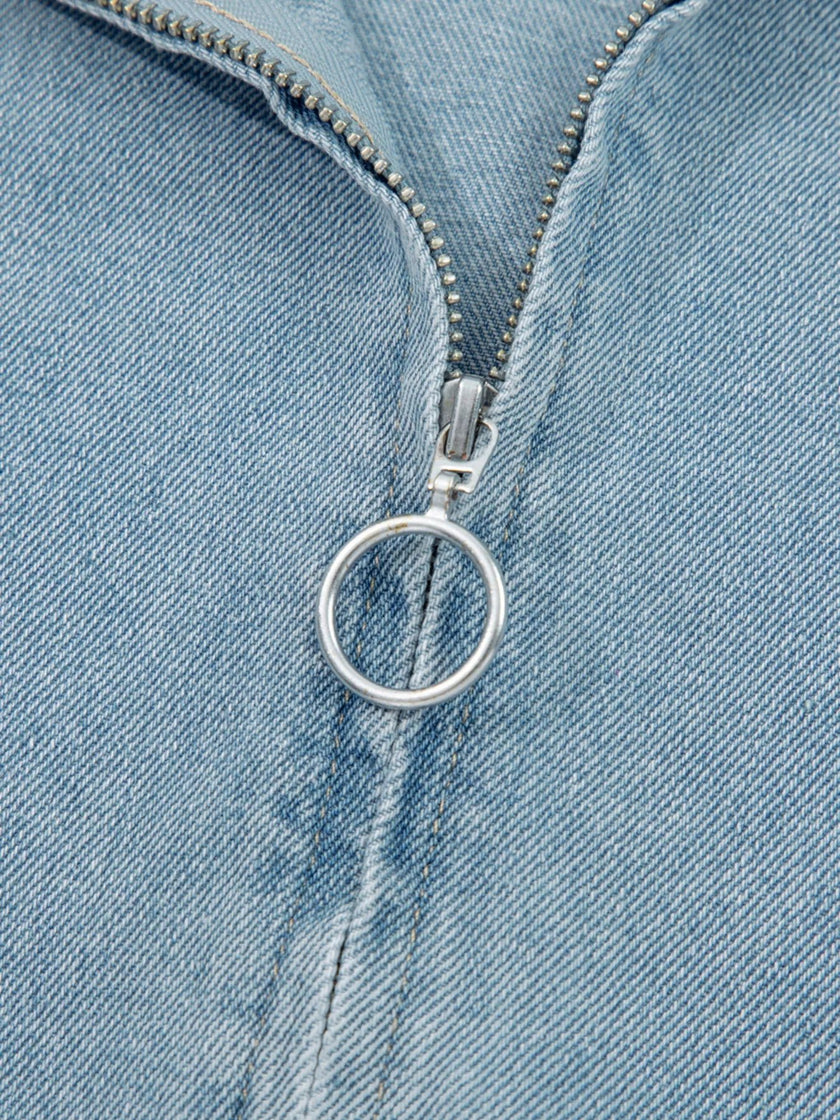 Elastic Edge Collared Zip Up Denim Jacket With Pocket - FLORENTINE IRIS