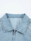 Elastic Edge Collared Zip Up Denim Jacket With Pocket - FLORENTINE IRIS