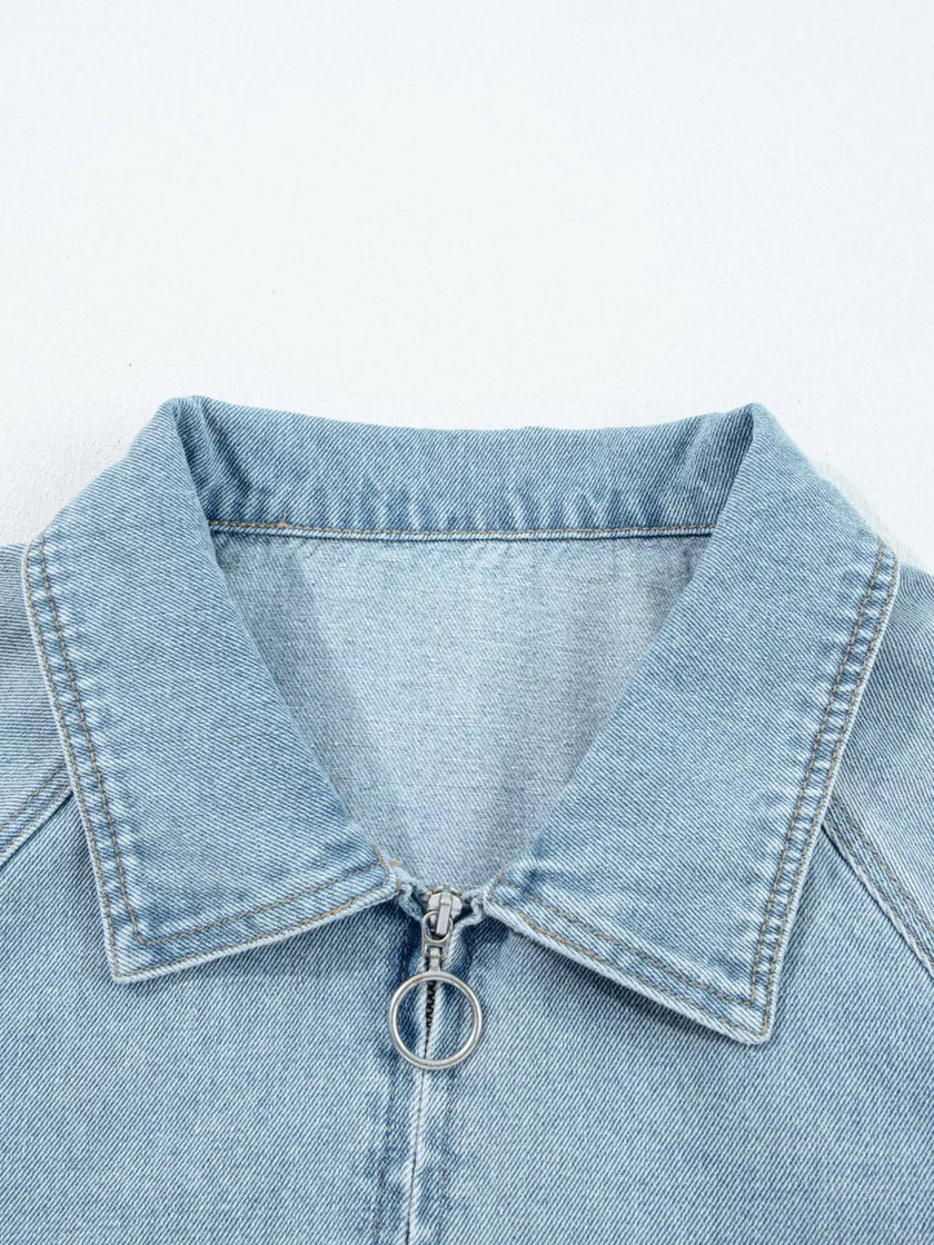 Elastic Edge Collared Zip Up Denim Jacket With Pocket - FLORENTINE IRIS