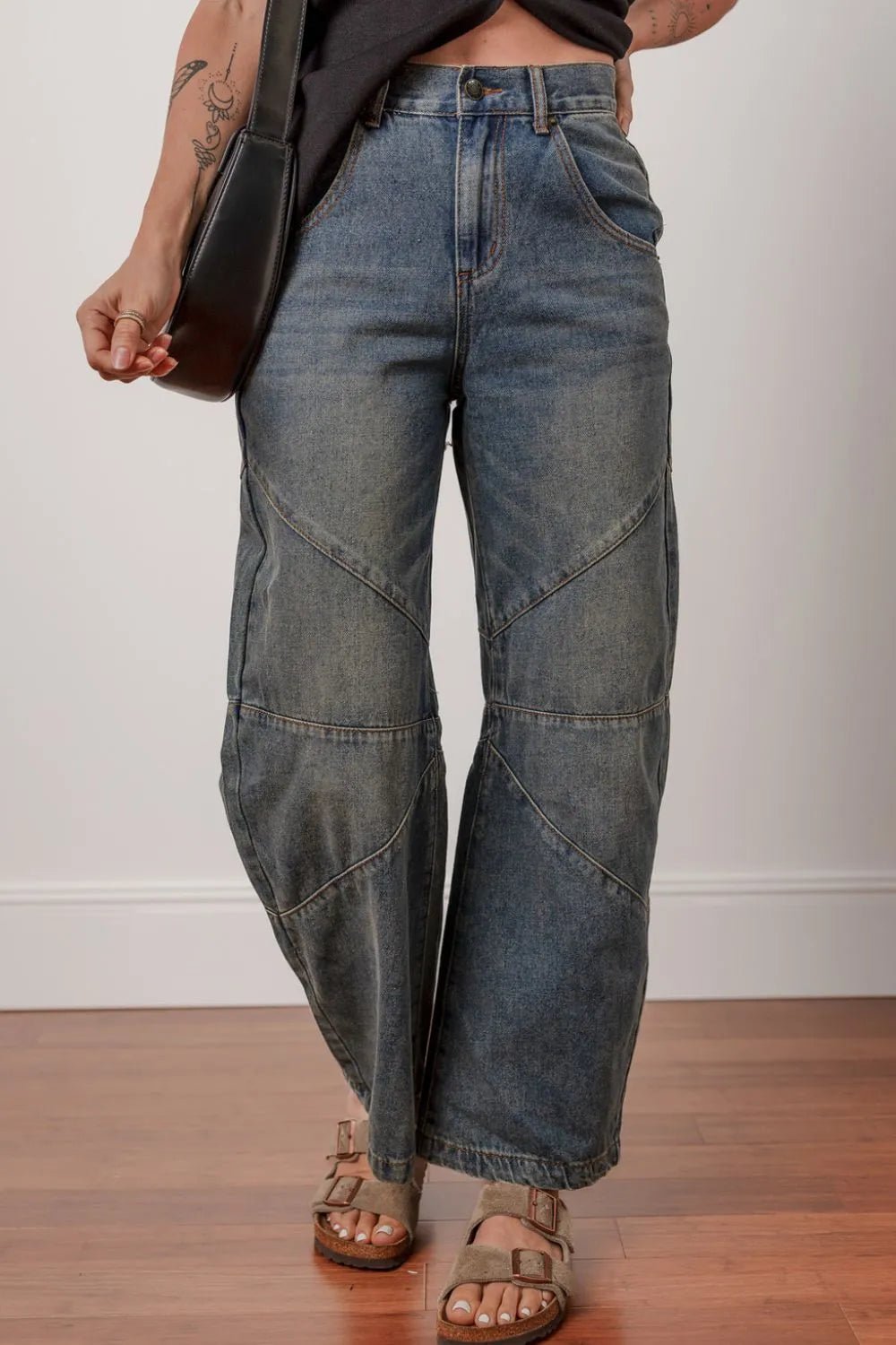 Exposed Stitching Loose Straight High Waist Jeans - FLORENTINE IRIS