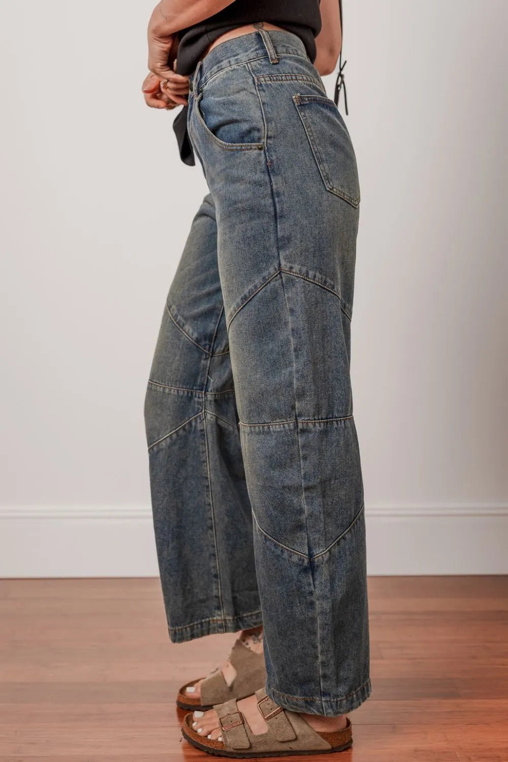 Exposed Stitching Loose Straight High Waist Jeans - FLORENTINE IRIS