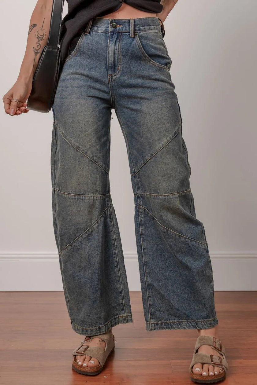 Exposed Stitching Loose Straight High Waist Jeans - FLORENTINE IRIS