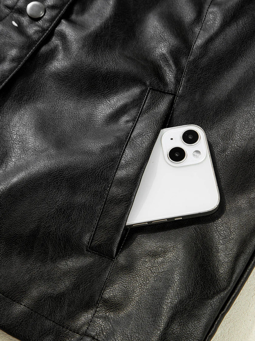 Faux Leather Buttoned Front Boxy Jacket - FLORENTINE IRIS