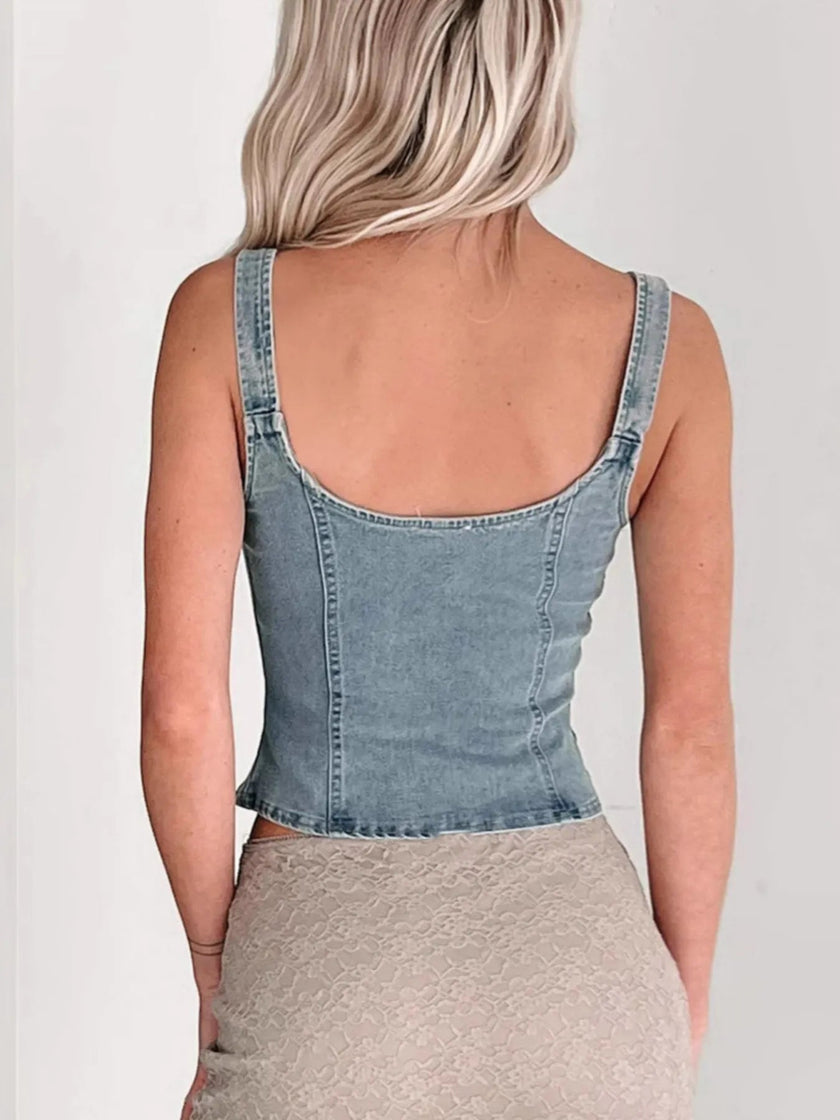 Fitted Denim Corset Tank Top with Front Zip - FLORENTINE IRIS