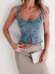 Fitted Denim Corset Tank Top with Front Zip - FLORENTINE IRIS