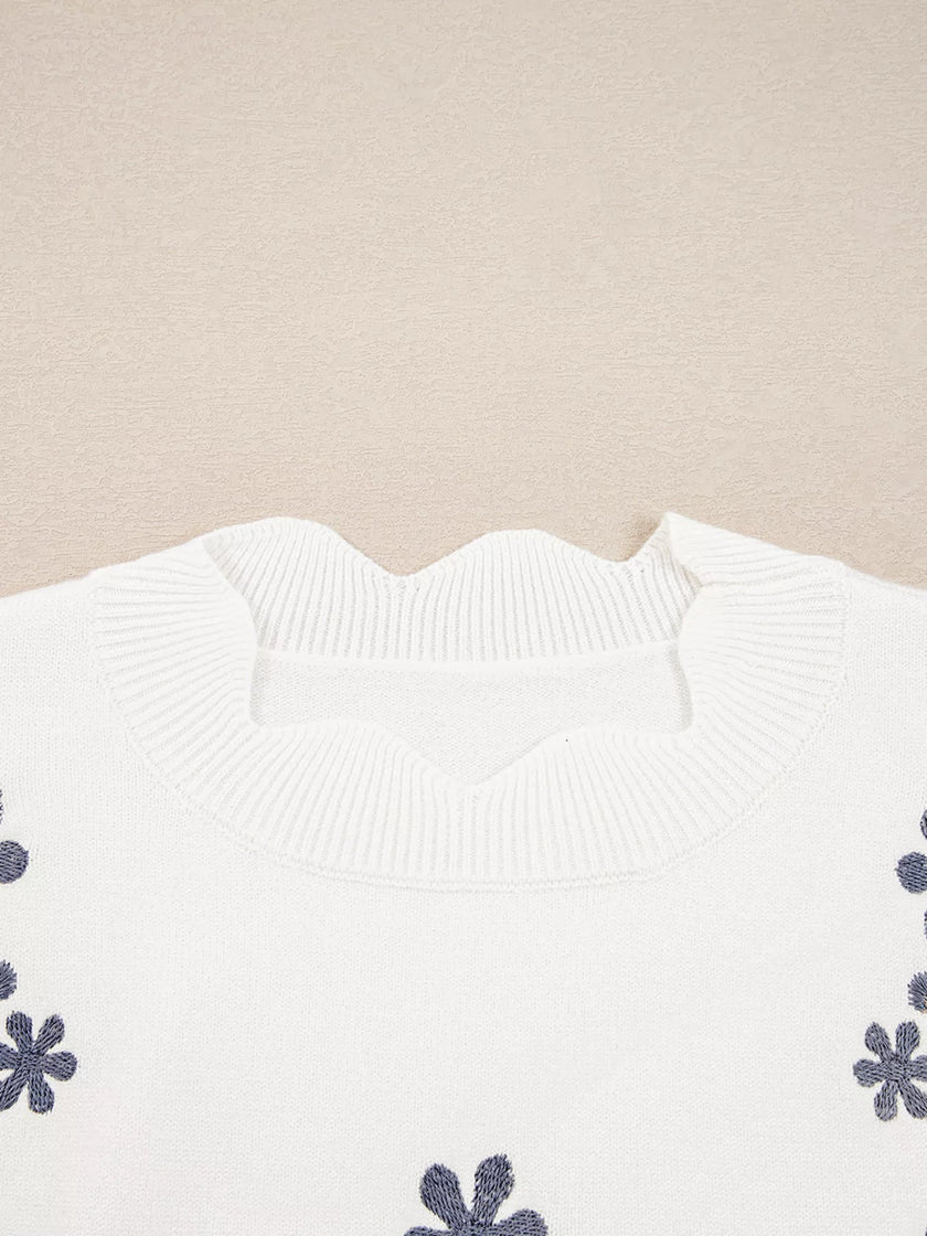 Floral Embroidered Scallop Hem Cropped Sweater - FLORENTINE IRIS