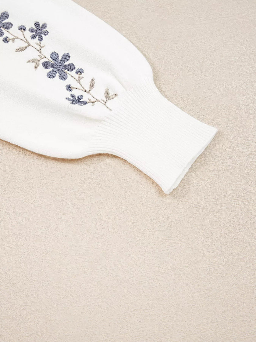 Floral Embroidered Scallop Hem Cropped Sweater - FLORENTINE IRIS