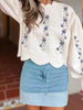 Floral Embroidered Scallop Hem Cropped Sweater - FLORENTINE IRIS