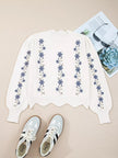 Floral Embroidered Scallop Hem Cropped Sweater - FLORENTINE IRIS