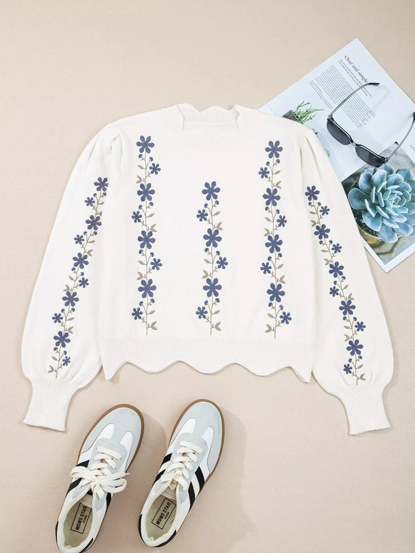 Floral Embroidered Scallop Hem Cropped Sweater - FLORENTINE IRIS