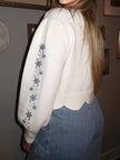 Floral Embroidered Scallop Hem Cropped Sweater - FLORENTINE IRIS