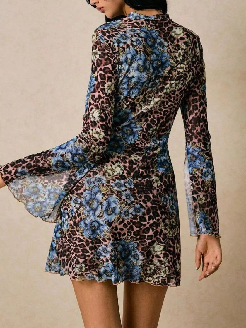 Floral Leopard Print Slit Sleeve Mini Dress - FLORENTINE IRIS