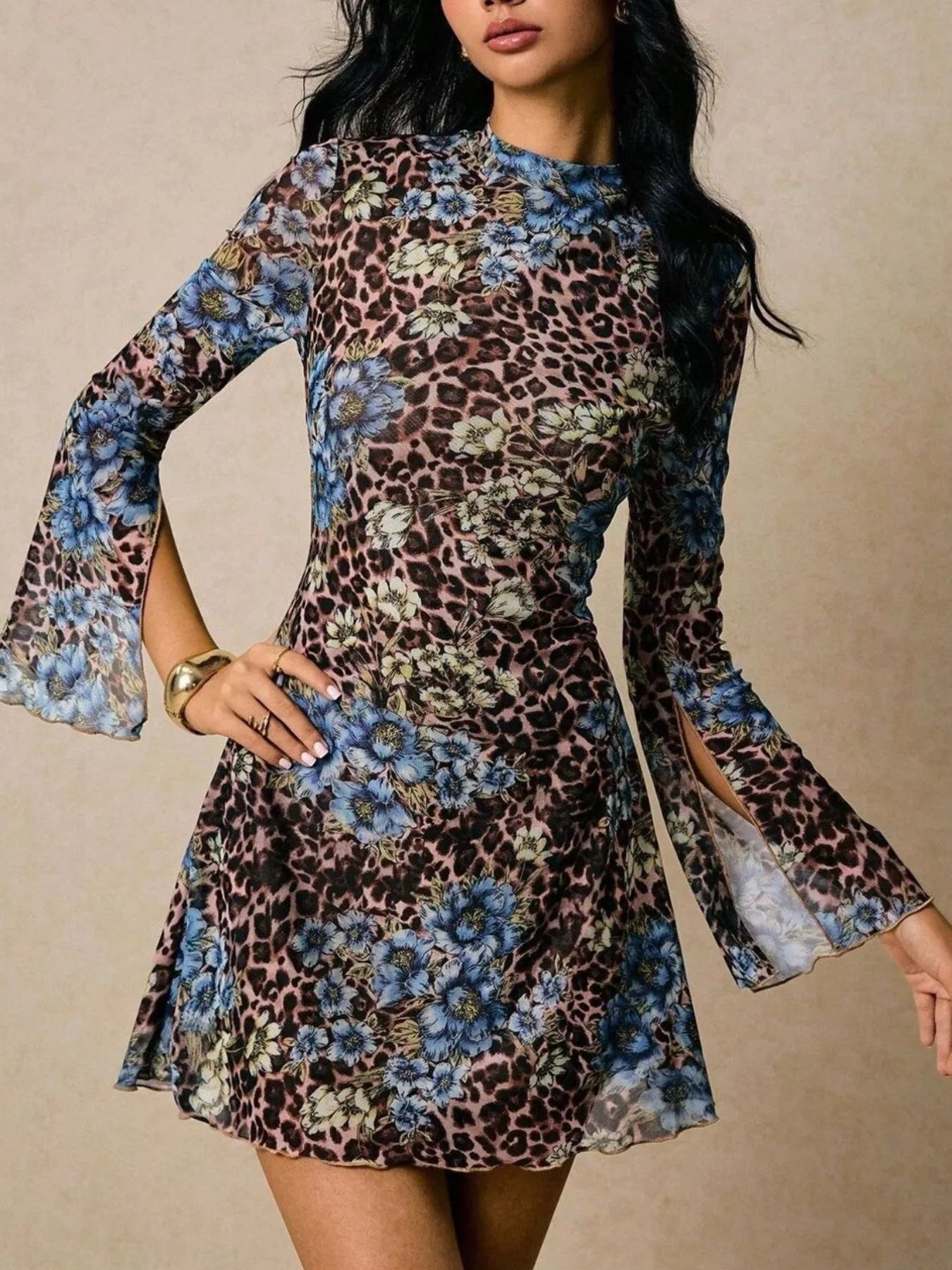 Floral Leopard Print Slit Sleeve Mini Dress - FLORENTINE IRIS