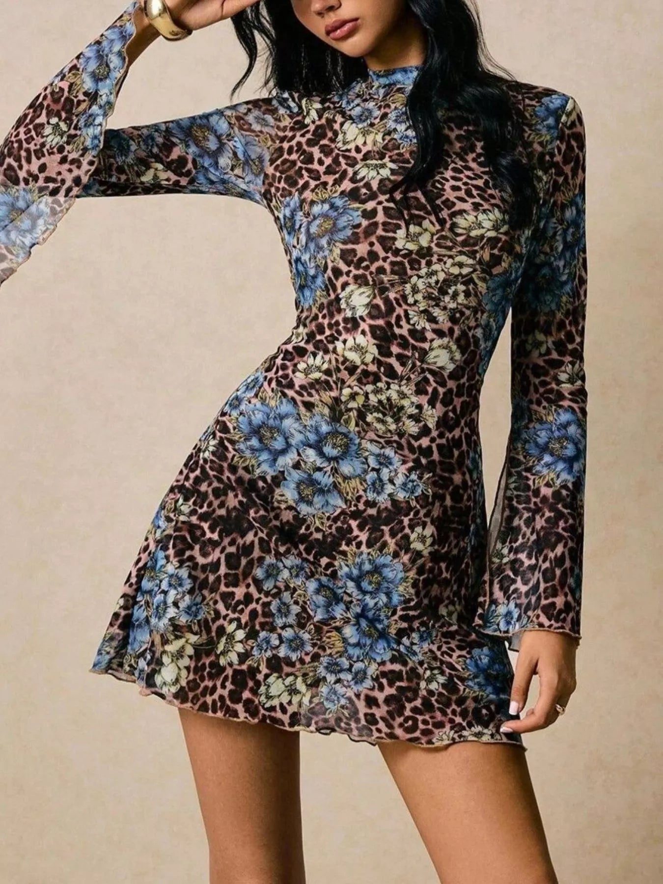 Floral Leopard Print Slit Sleeve Mini Dress - FLORENTINE IRIS