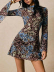 Floral Leopard Print Slit Sleeve Mini Dress - FLORENTINE IRIS