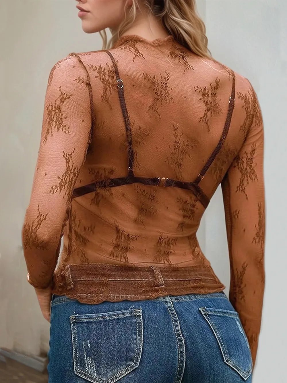 Floral Mock Neck Long Sleeve Mesh Top - FLORENTINE IRIS