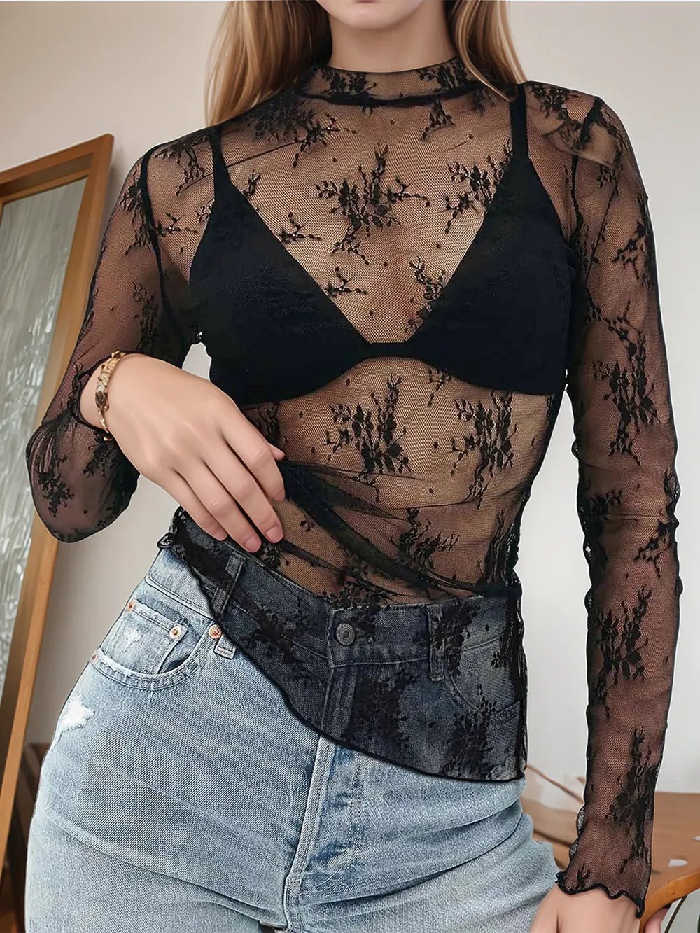 Floral Mock Neck Long Sleeve Mesh Top - FLORENTINE IRIS