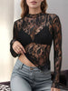 Floral Mock Neck Long Sleeve Mesh Top - FLORENTINE IRIS